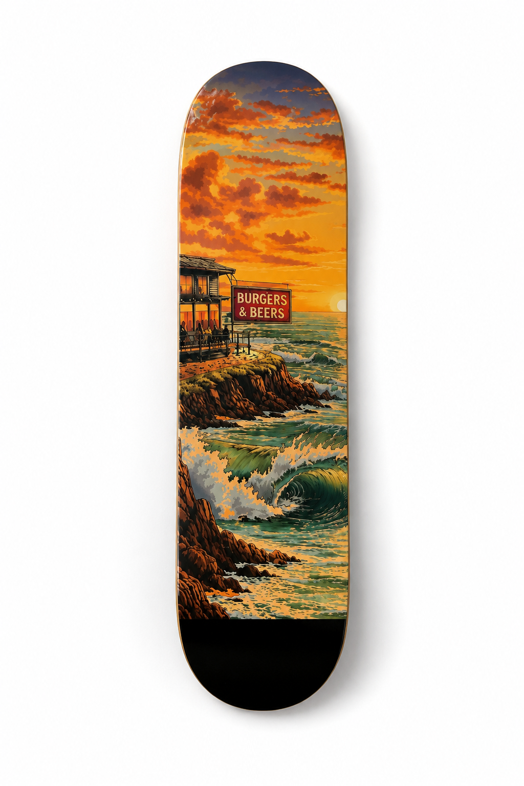 Burgers & Beers skate deck wall hanger with sunset clifftop graphic