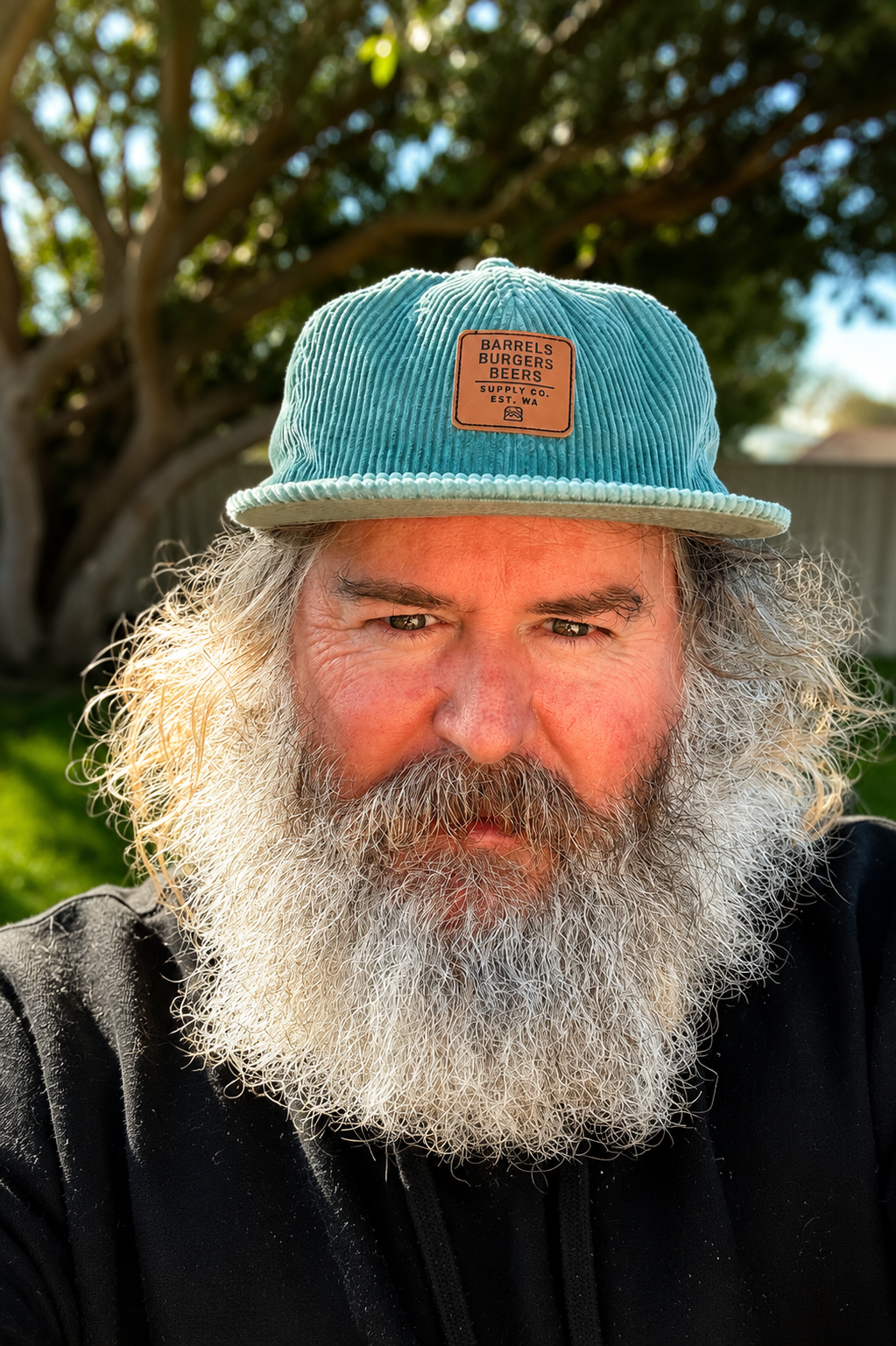 Old School Stoke Cap - teal corduroy cap with Barrels Burgers Beers faux leather patch