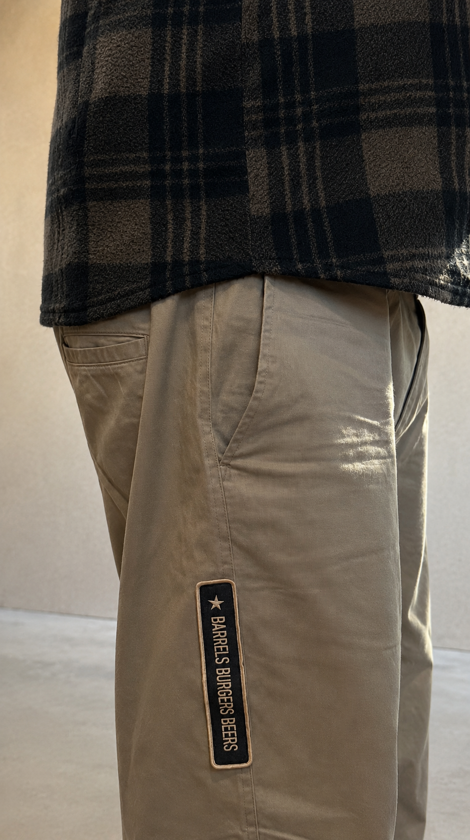 Barrels Burgers Beers khaki baggy chinos patch detail