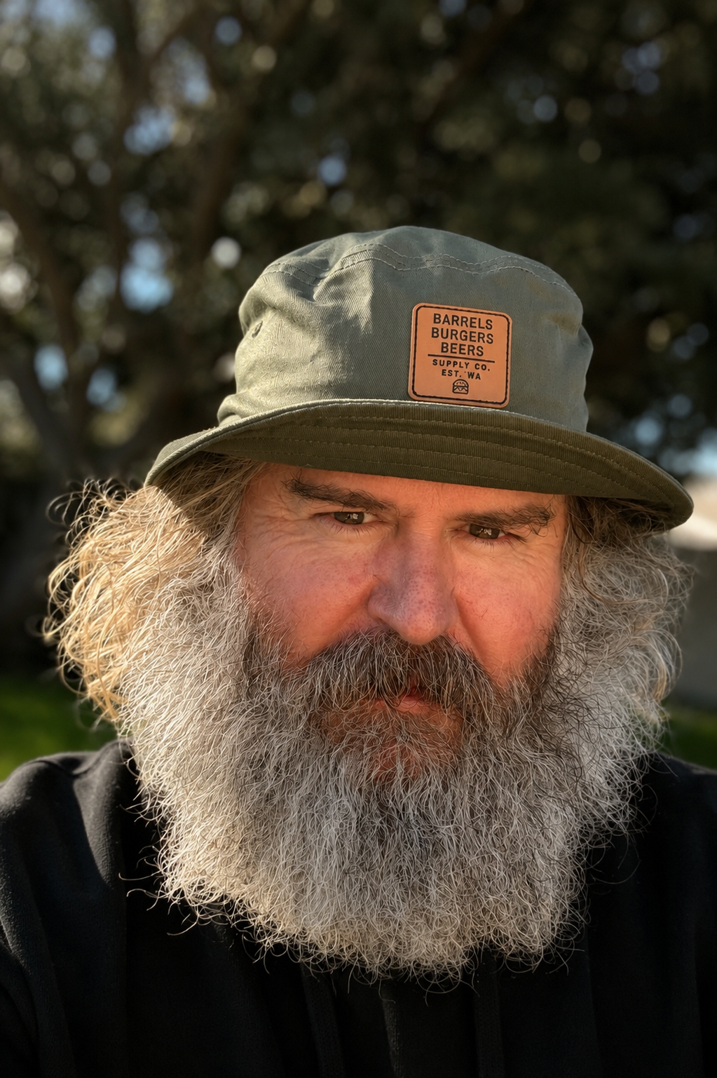 Pipe Dreams Bucket Hat - olive khaki bucket hat with Barrels Burgers Beers faux leather patch