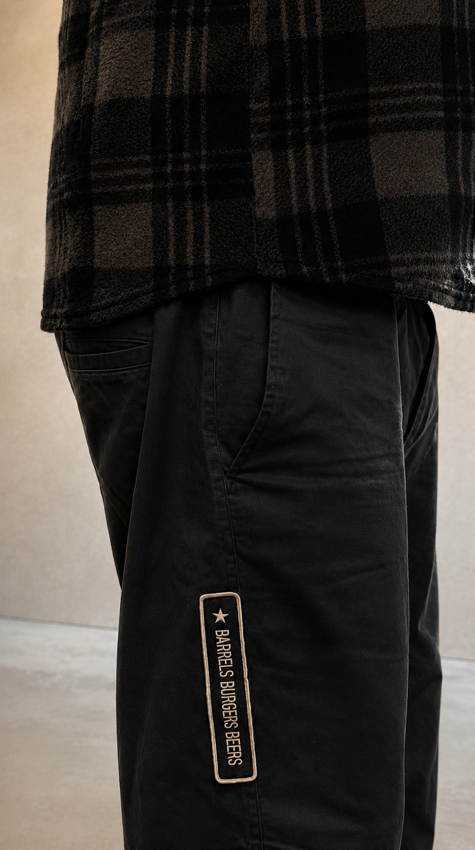 Barrels Burgers Beers branded patch detail on chinos leg